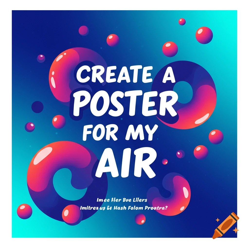 Digital poster with abstract shapes and text 'CREATE A POSTER FOR MY AIR' on a blue background.