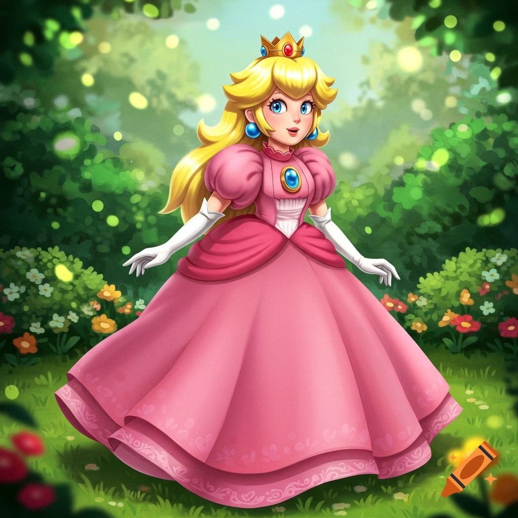 Princess Peach standing in a vibrant forest