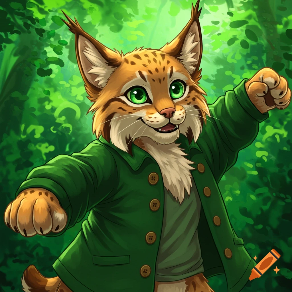 A cartoon anthropomorphic lynx in a green jacket in a forest.