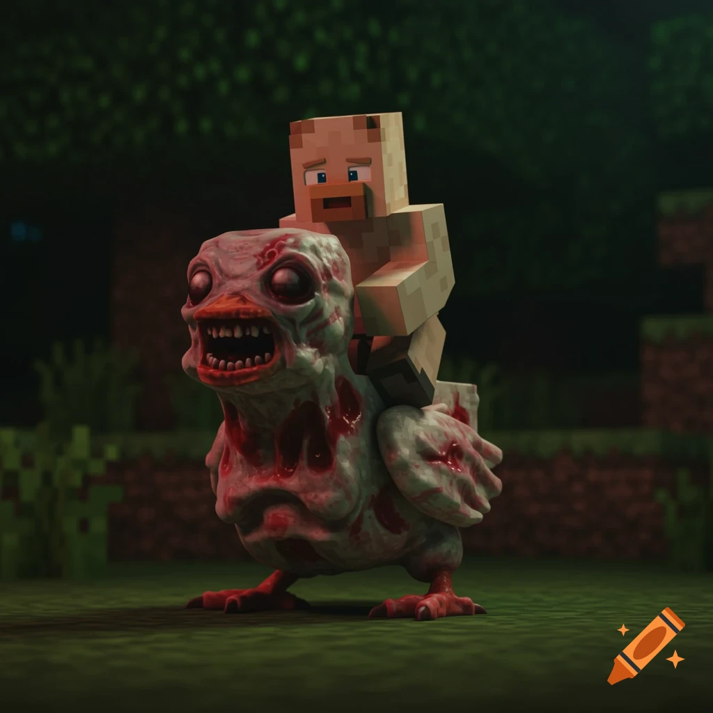 Minecraft character rides a grotesque zombie chicken monster in a dark pixelated world.