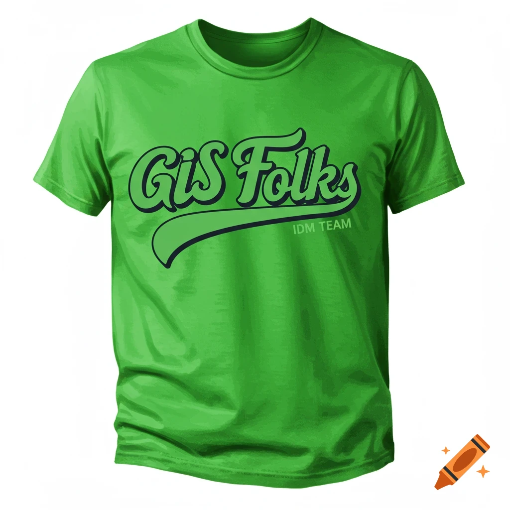 A bright green t-shirt with the text 'GIS Folks' and 'IDM TEAM' printed on the front.