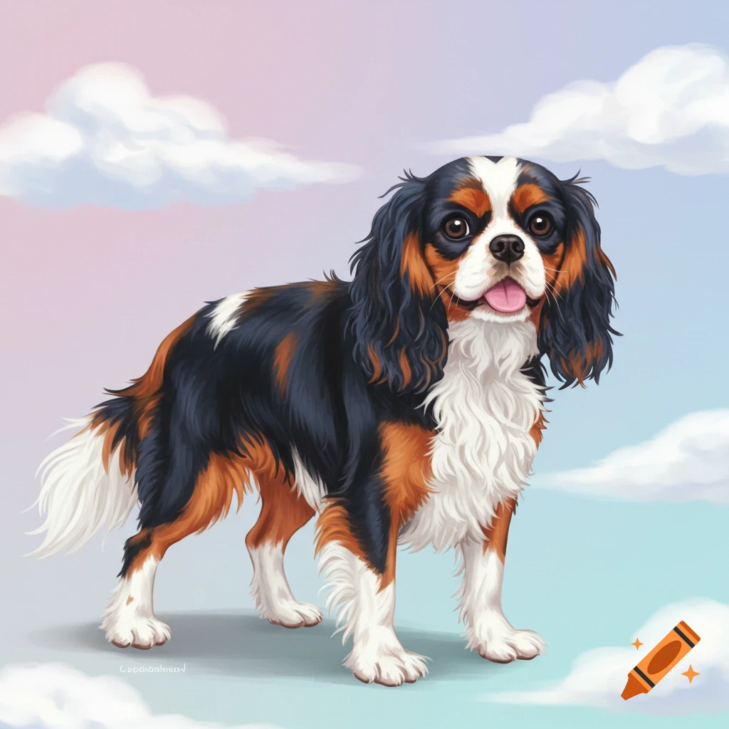 A tricolor Cavalier King Charles Spaniel dog.