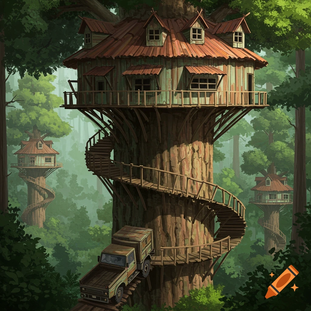 A large treehouse with a spiral ramp and a truck entering, surrounded by forest.
