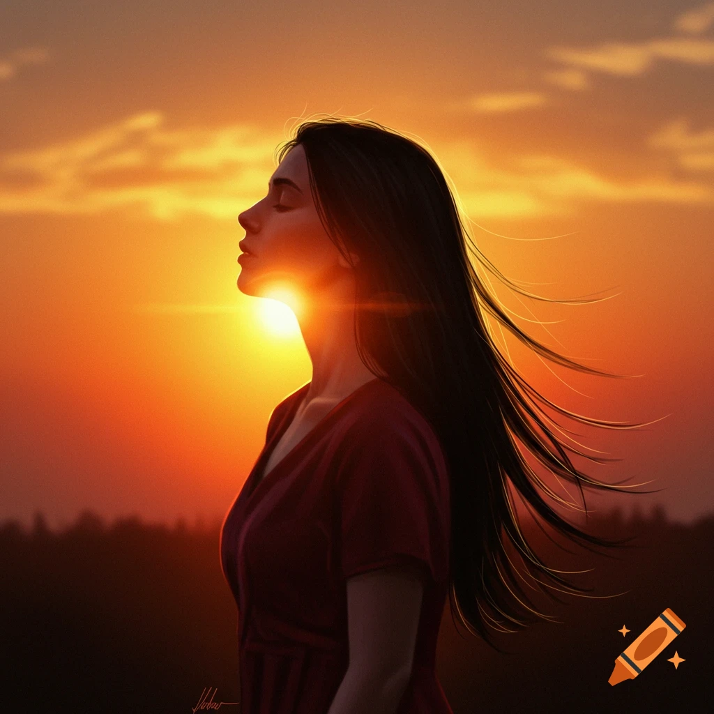 A woman faces a sunset, her hair blowing in the wind.