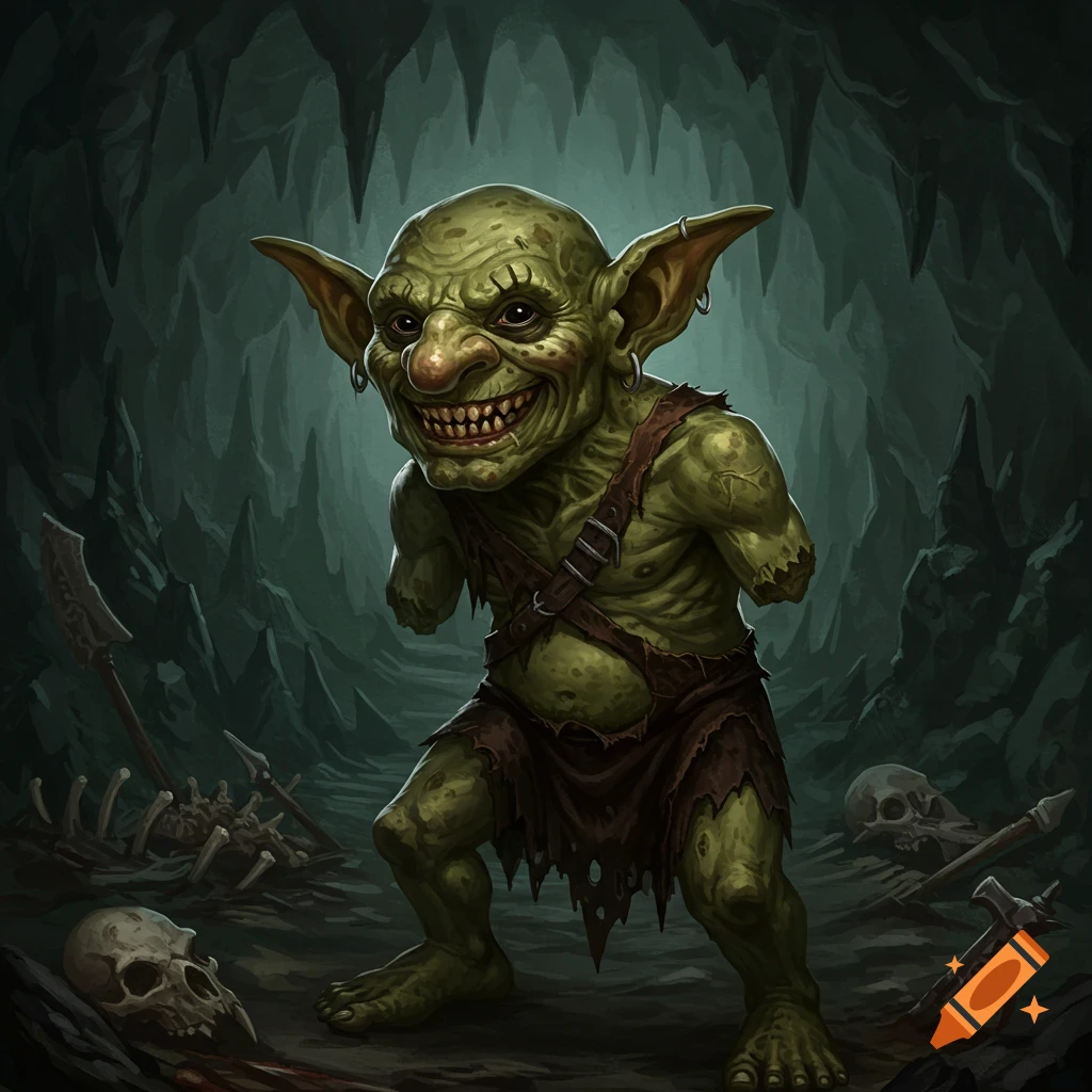 A green goblin with sharp teeth stands in a dark cave surrounded by skulls and bones.
