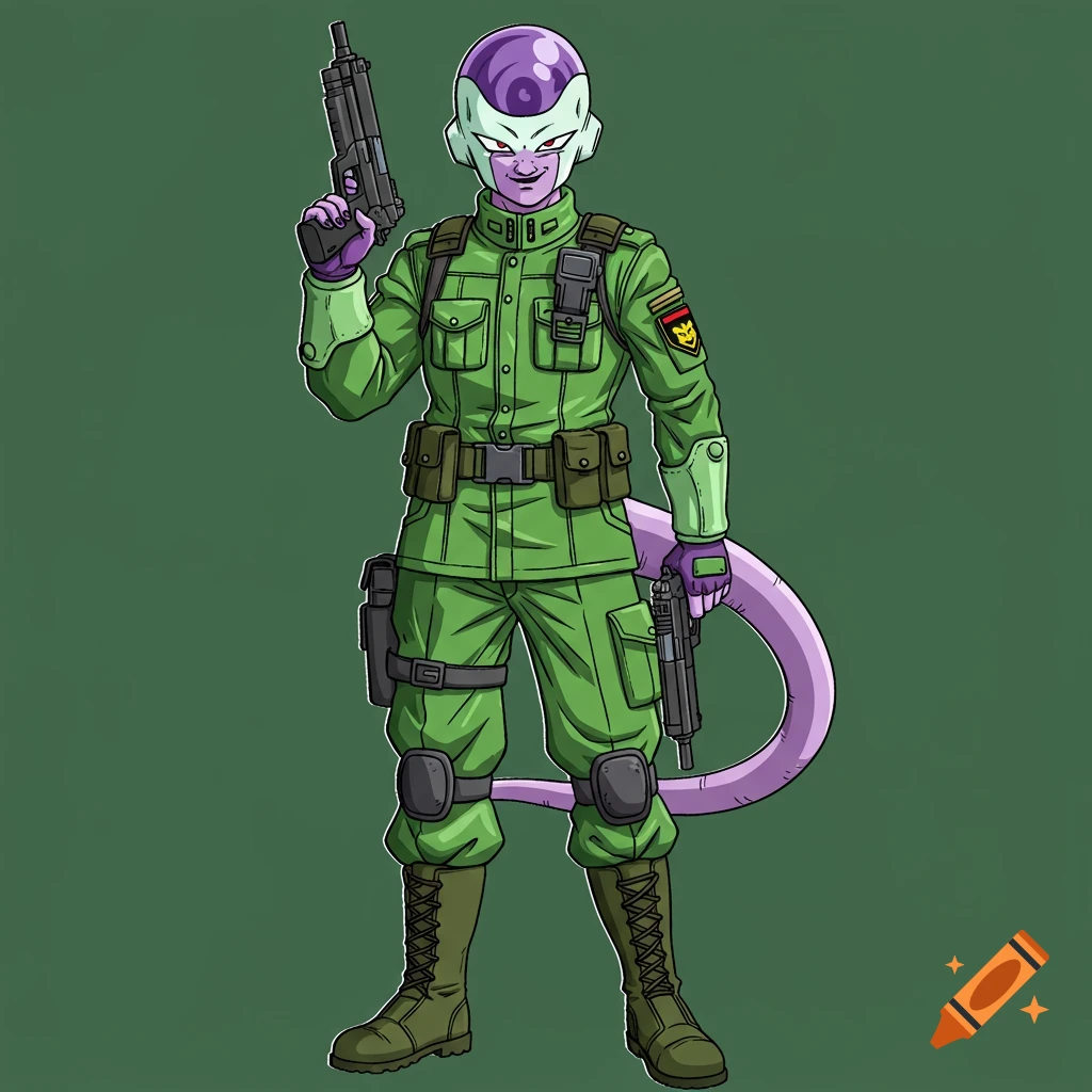 Frieza from Dragon Ball Z in a green military uniform holding two guns, clipart style.