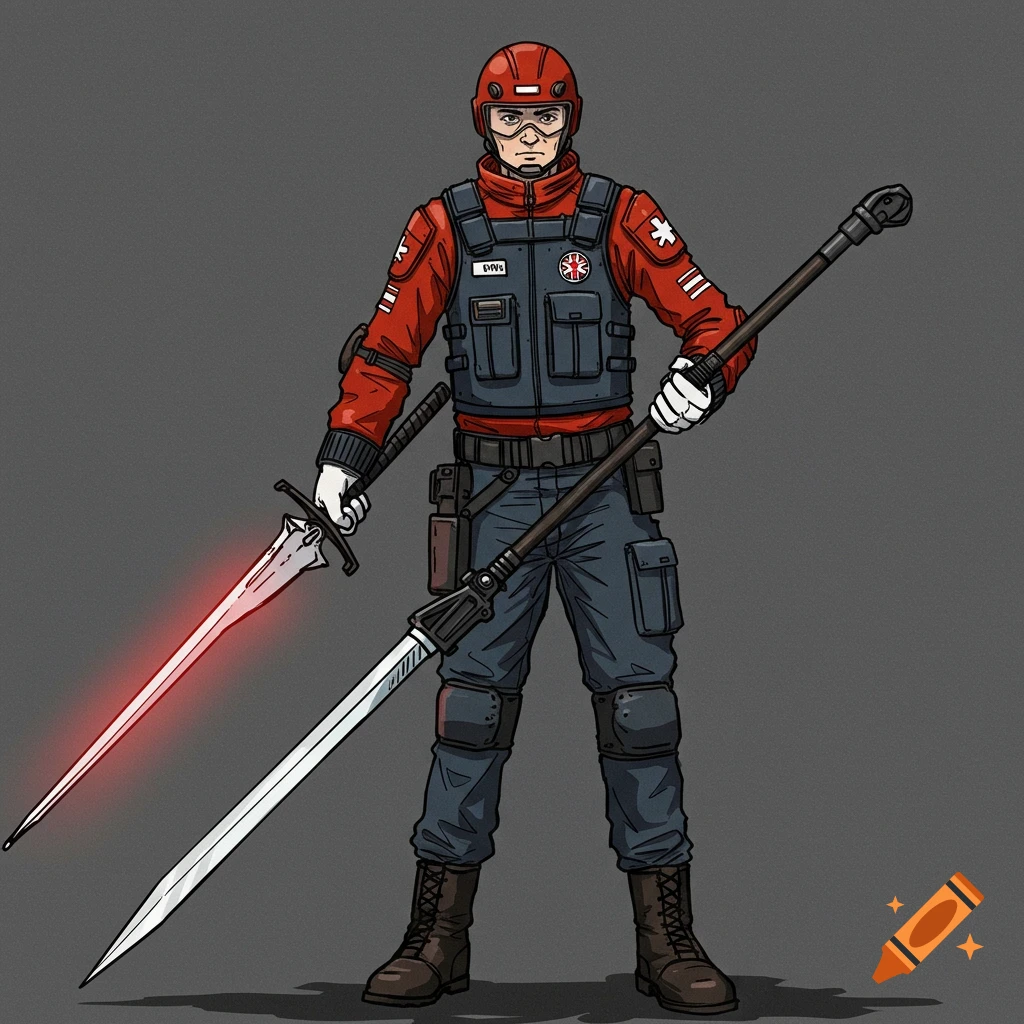 Stylized action figure character in tactical gear holding a glowing sword and spear.