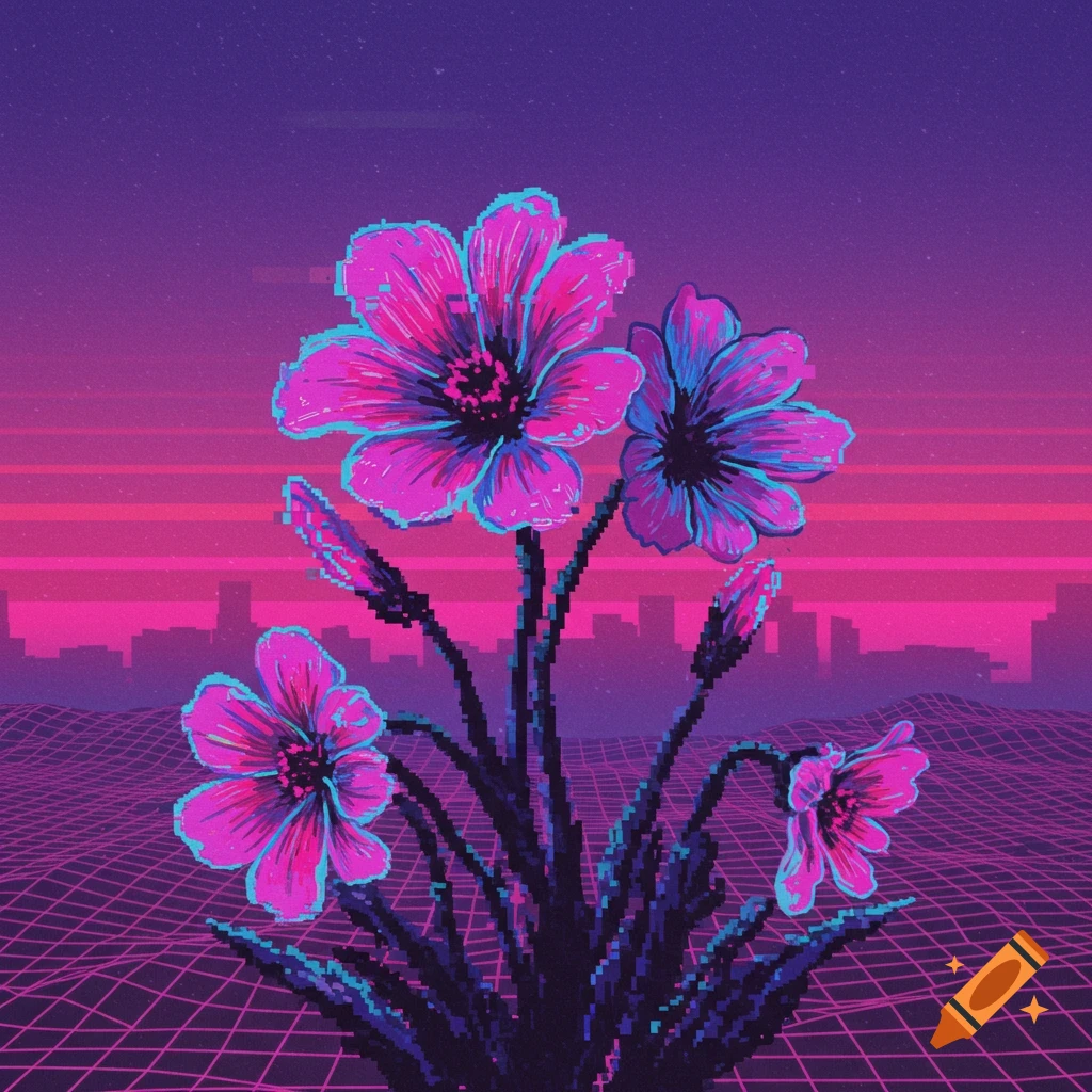 Pixel art of pink vaporwave flowers against a retro grid and cityscape background.