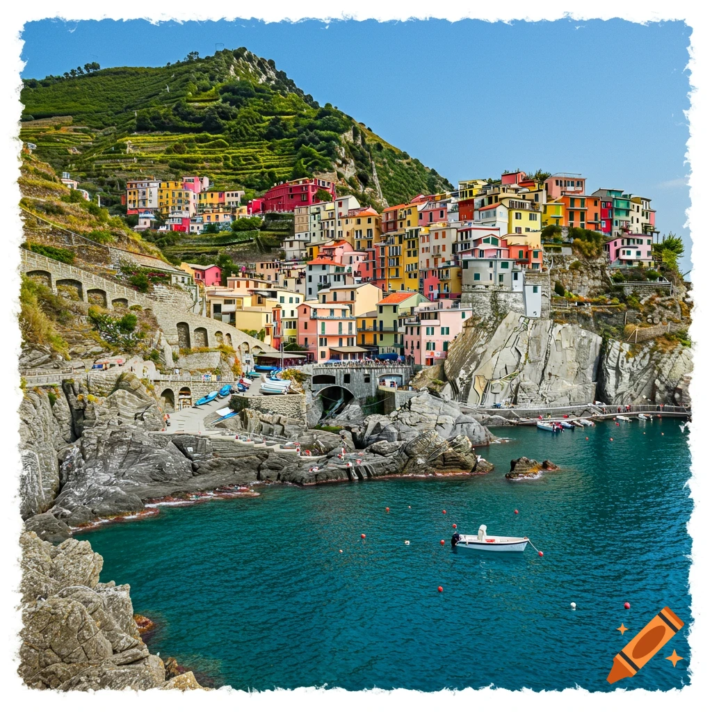 Colorful buildings cling to a steep cliffside overlooking the sea.