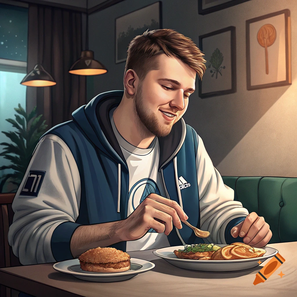Stylized portrait of a man eating at a table with food.