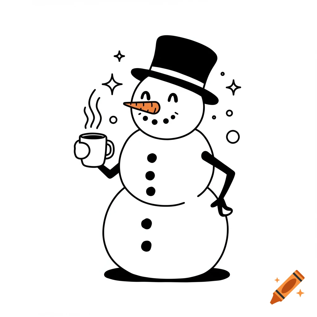 Black and white cartoon illustration of a happy snowman holding a steaming mug.