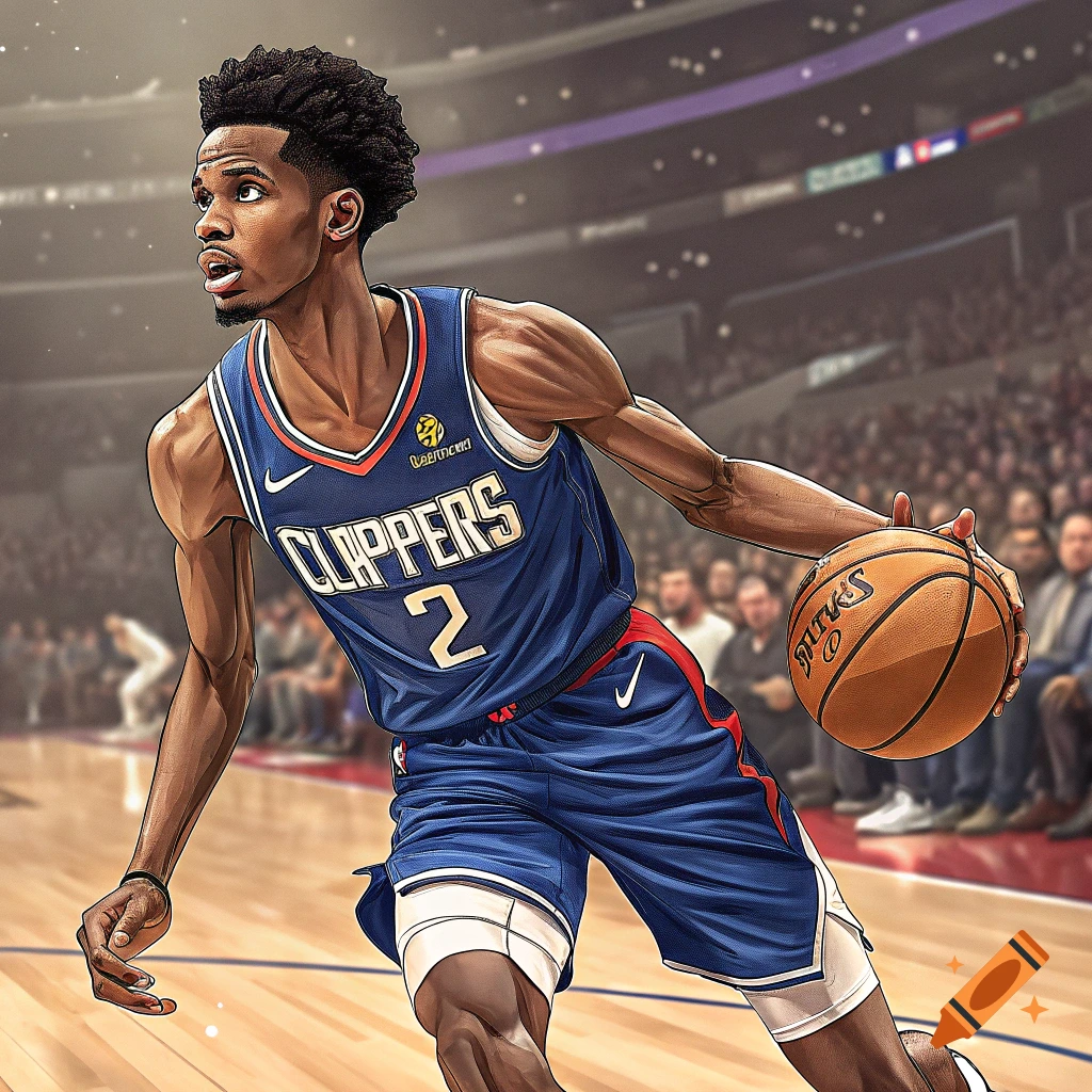 Stylized illustration of a basketball player in a blue Clippers jersey dribbling a ball.
