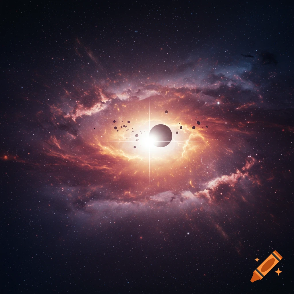 a celestial eclipse in a vibrant nebula with debris