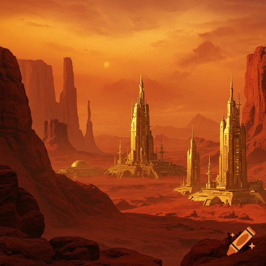 Golden futuristic buildings are set in a rocky red Martian landscape under an orange sky.