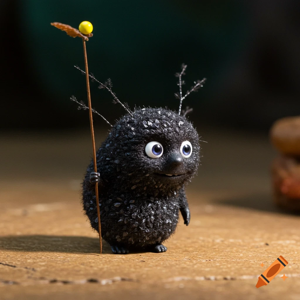 A cute, black, fluffy creature with large eyes holds a stick with a leaf and yellow ball.
