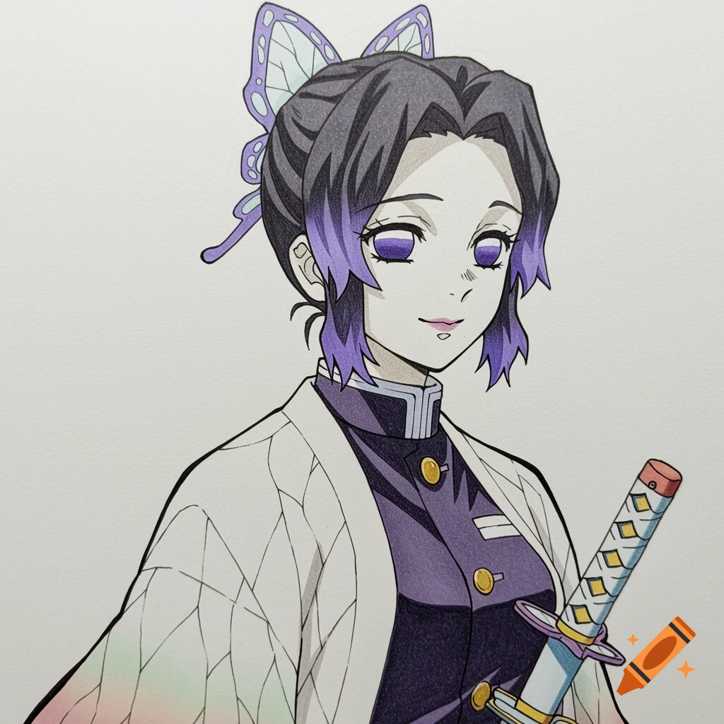 An illustration of Shinobu Kocho from Demon Slayer with purple hair and a butterfly accessory.