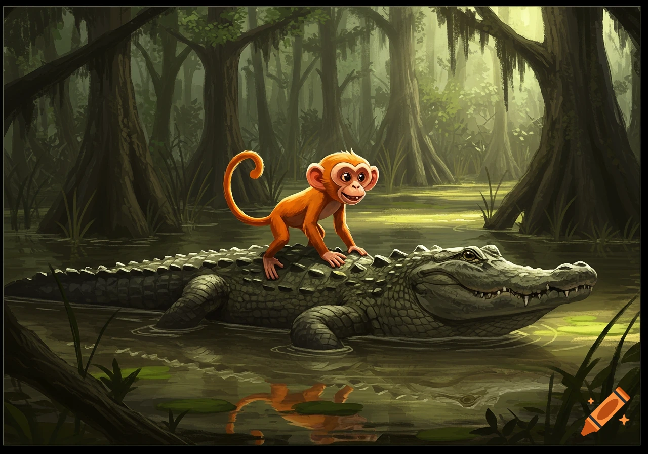 Cartoon monkey rides an alligator through a swamp.