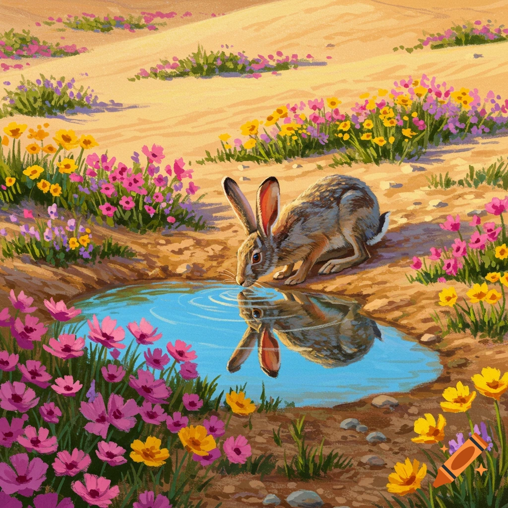 A rabbit drinks from a pond surrounded by wildflowers.