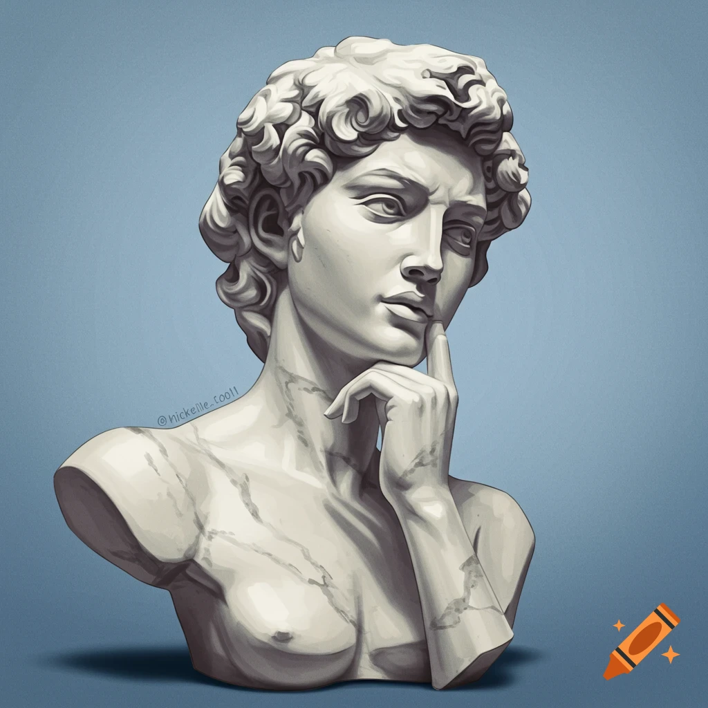 Marble female sculpture bust, hand touching chin.