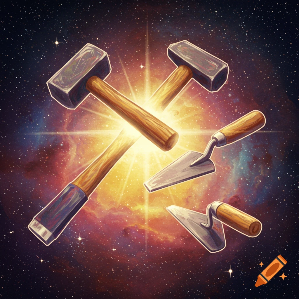 Digital illustration of hammers and trowels against a vibrant space nebula background.