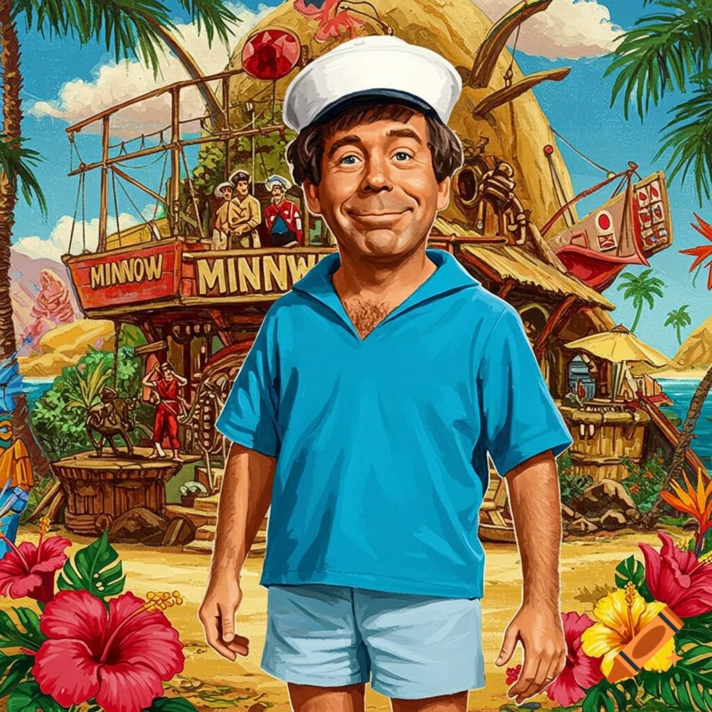 A cartoonish man in a sailor hat and blue shirt stands on a tropical beach with a boat.