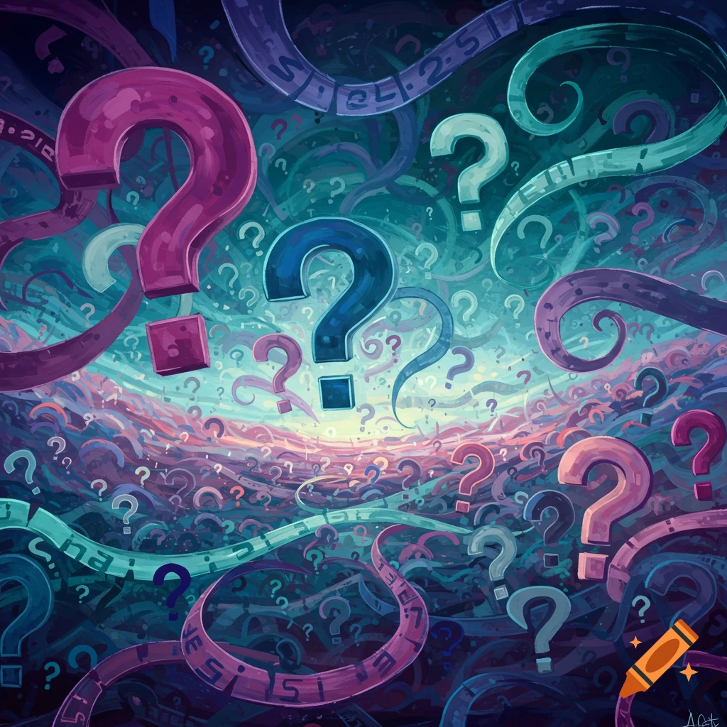 Many swirling, colorful question marks in shades of blue, purple, and pink.