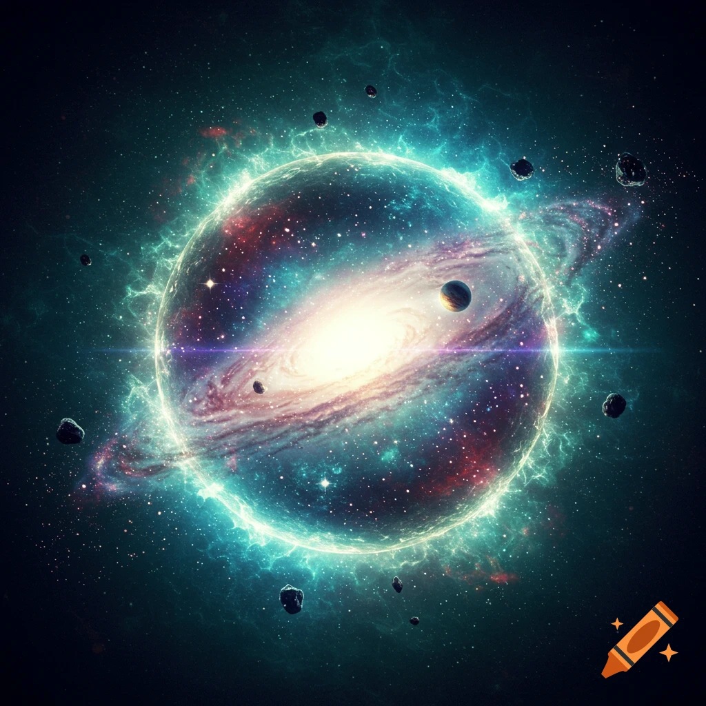 A vibrant galaxy is contained within a glowing energy sphere, surrounded by planets and asteroids in deep space.