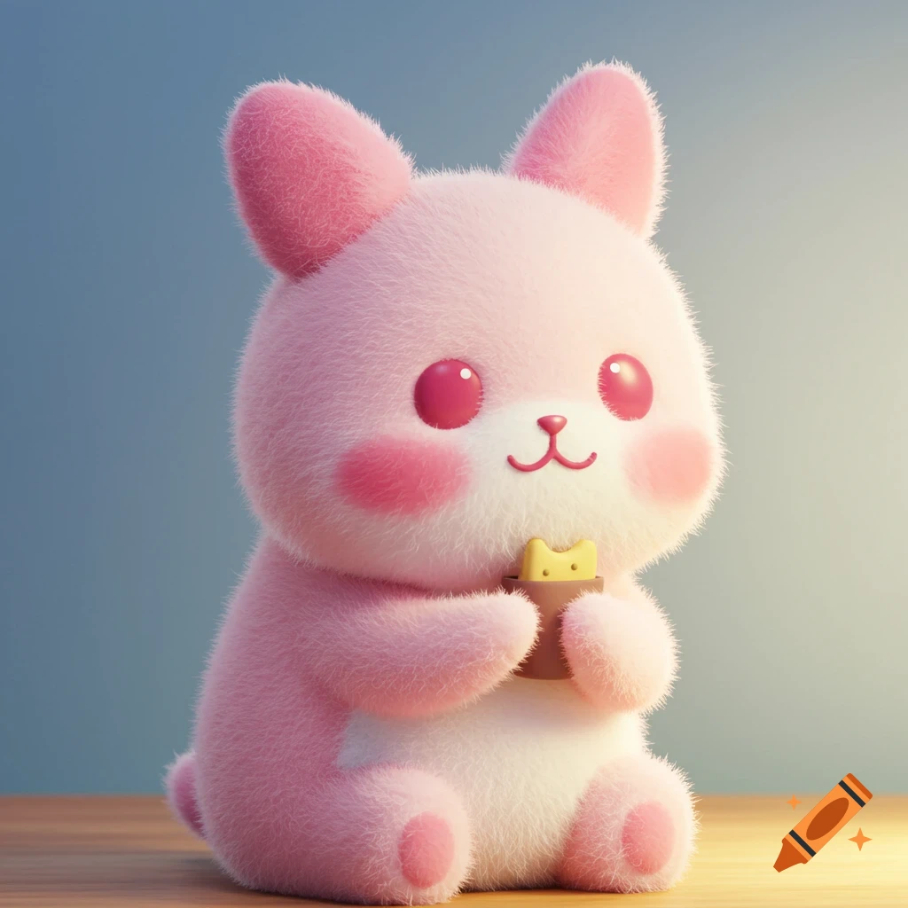 A fluffy pink cartoon bunny character with rosy cheeks holds a small brown object with a yellow star.