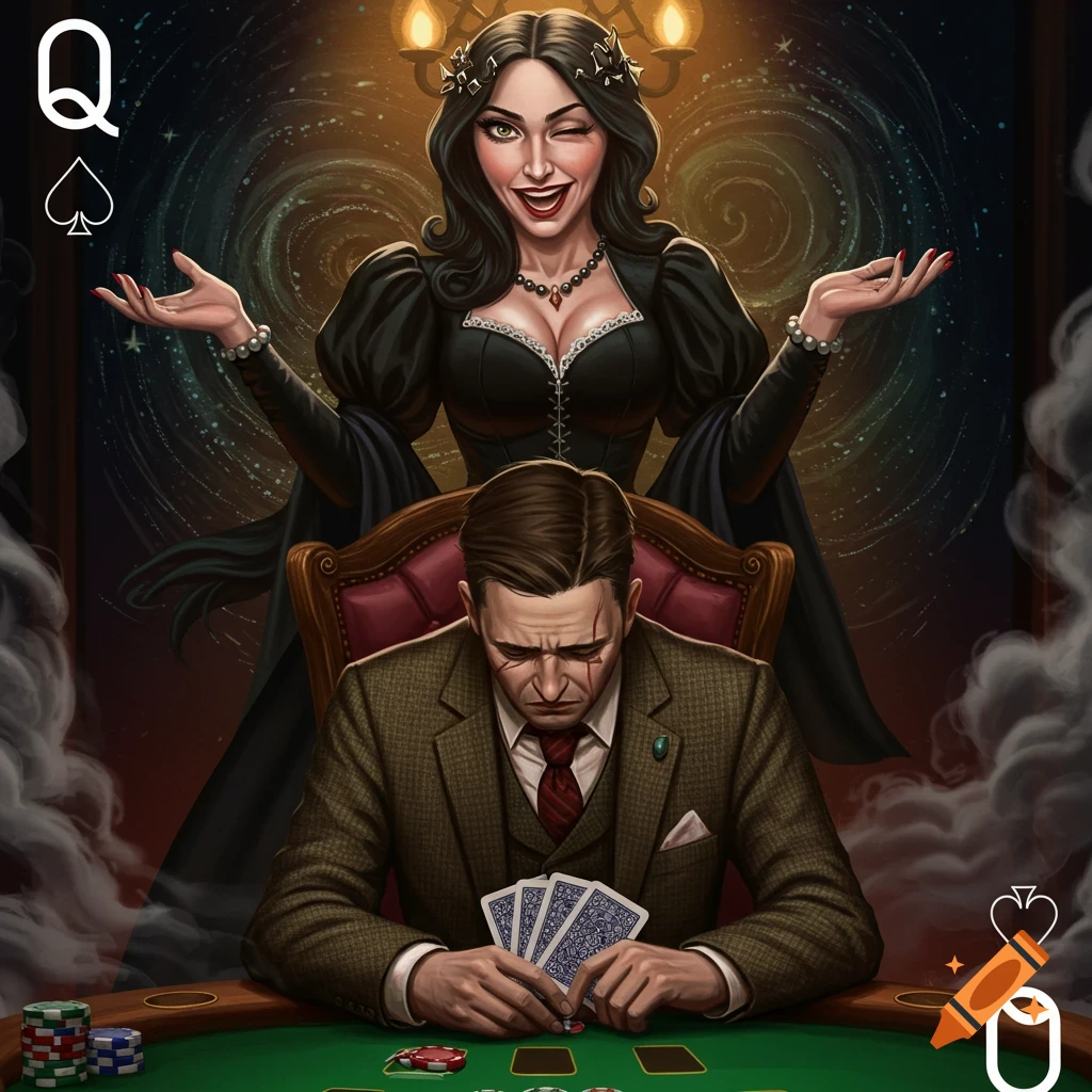 A stylized illustration of the Queen of Spades figure standing behind a sad gambler at a poker table.