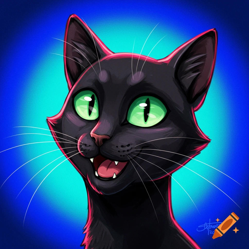 A close-up of a smiling black cat with bright green eyes against a blue background.