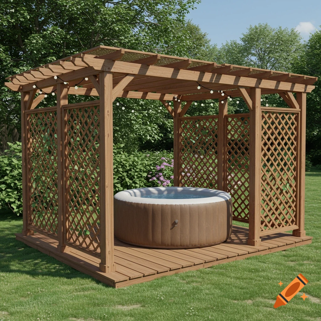 An inflatable hot tub sits on a wooden deck under a wooden pergola with lattice walls and string lights in a garden.