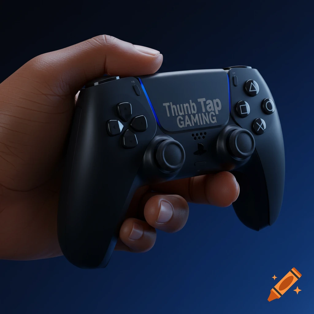 Close-up of a hand holding a black gaming controller with "Thumb Tap GAMING" text.