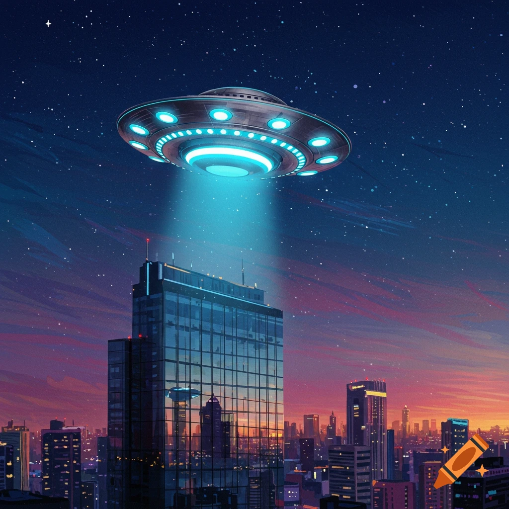 A UFO shining a beam of light onto a city skyscraper at sunset.