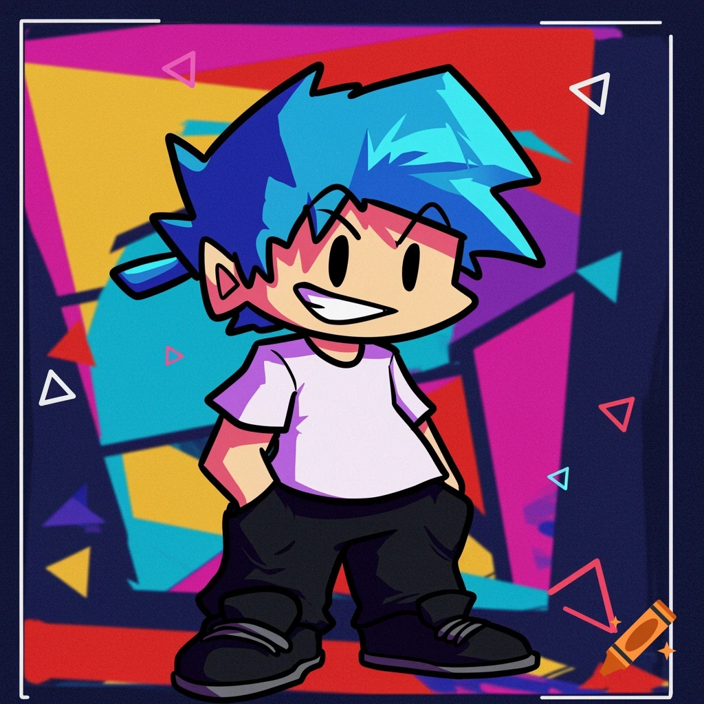 Stylized cartoon character Boyfriend from FNF stands against a vibrant abstract background with geometric shapes.