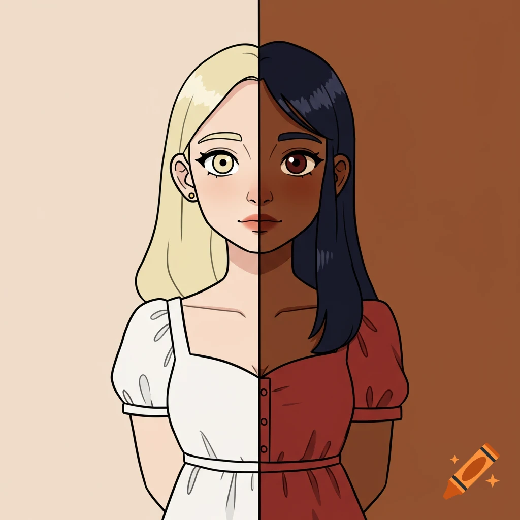 A cartoon illustration of a woman split down the middle, one side light-skinned with blonde hair, the other dark-skinned with dark hair.