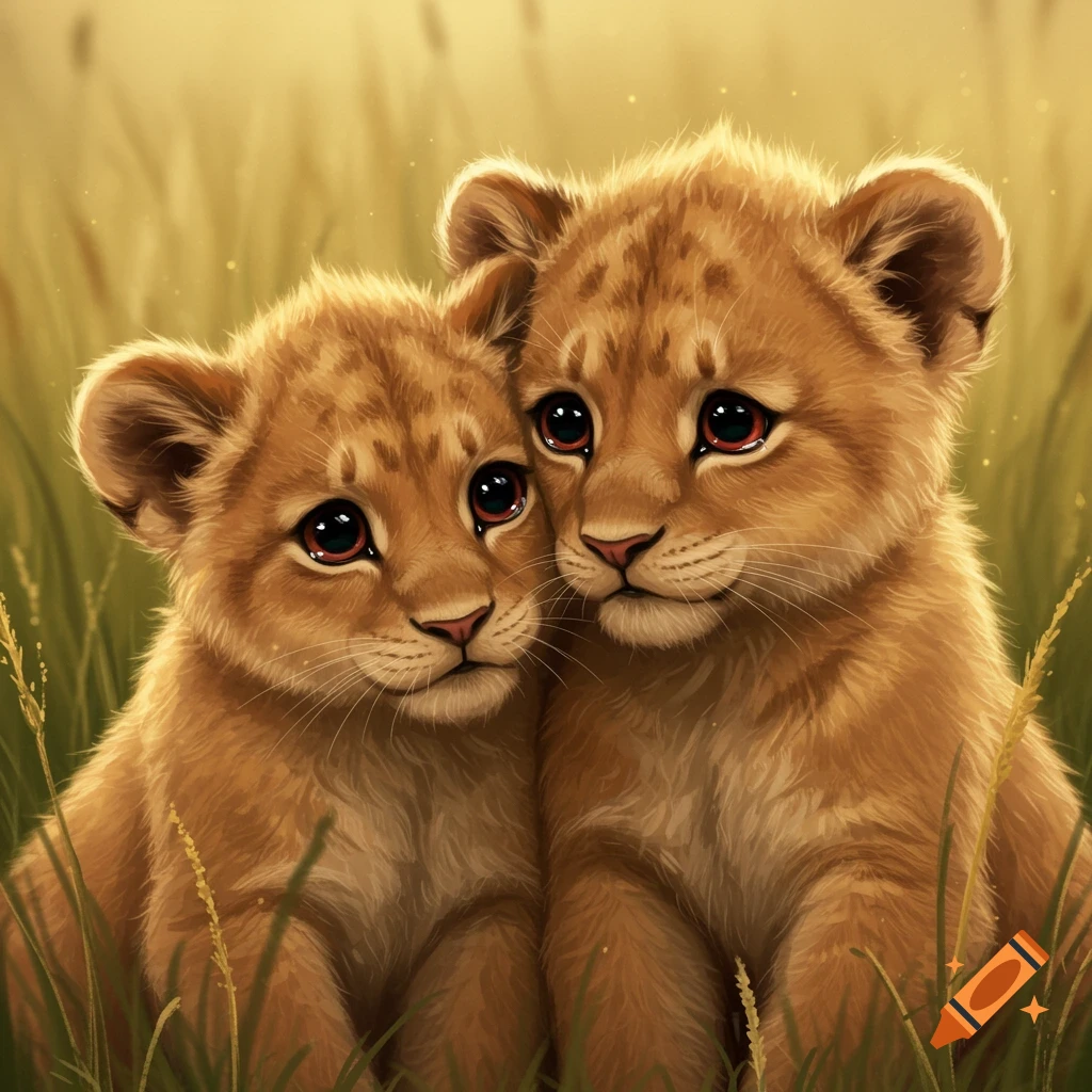 Two sad-eyed lion cubs huddle in tall grass.