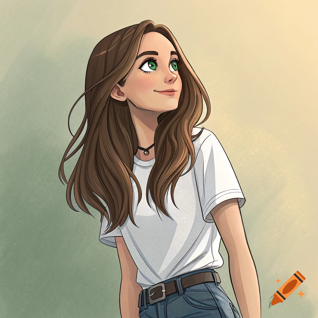 Illustration of a young woman with long brown hair looking up.