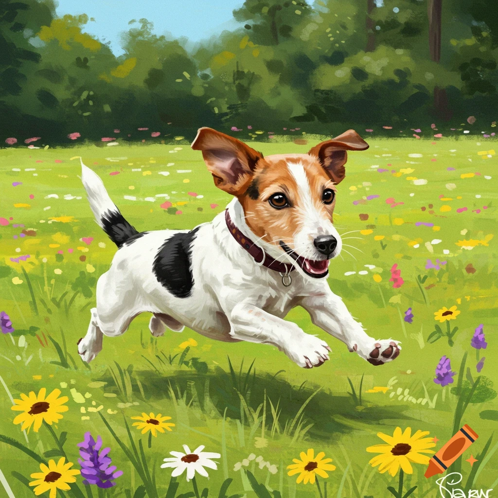 A Jack Russell Terrier dog runs through a sunny field of colorful wildflowers.