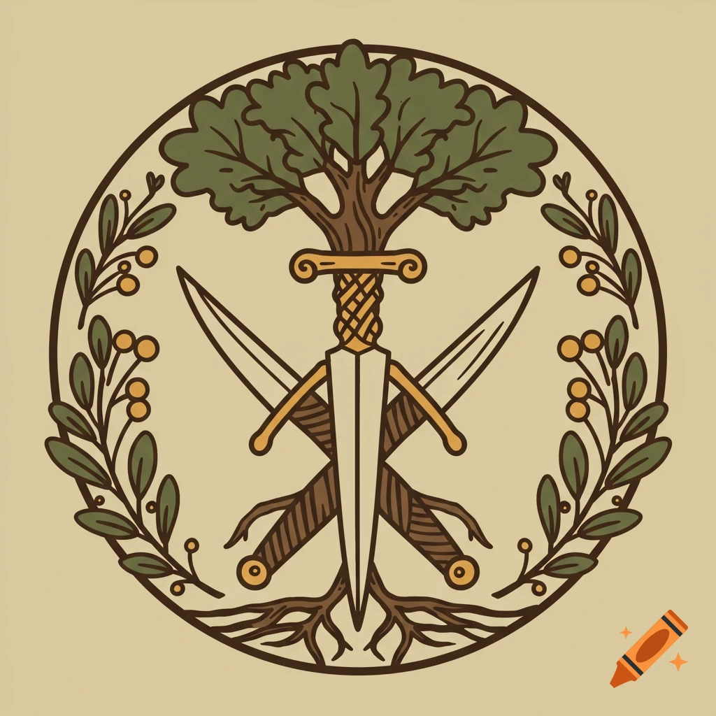 A circular crest showing a tree growing through crossed daggers, surrounded by a wreath of leaves and berries. Illustration style.