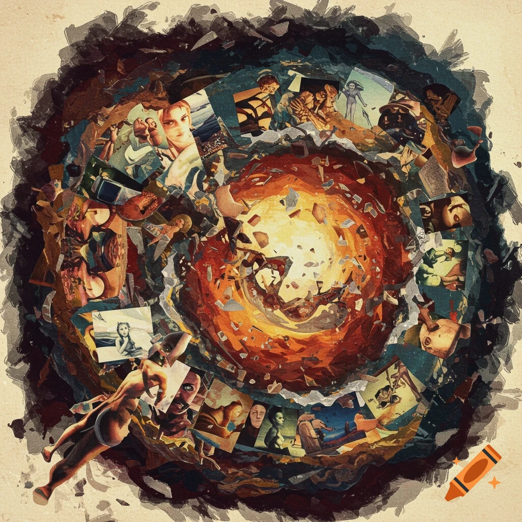 Abstract digital collage of faces, figures, and fragments spiraling into a central vortex in a painterly style.
