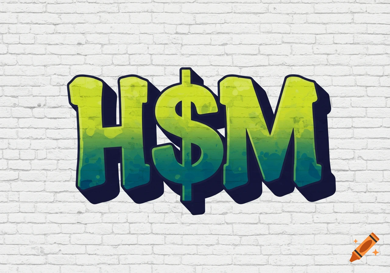 Green and blue gradient graffiti text H$M on a white brick wall.