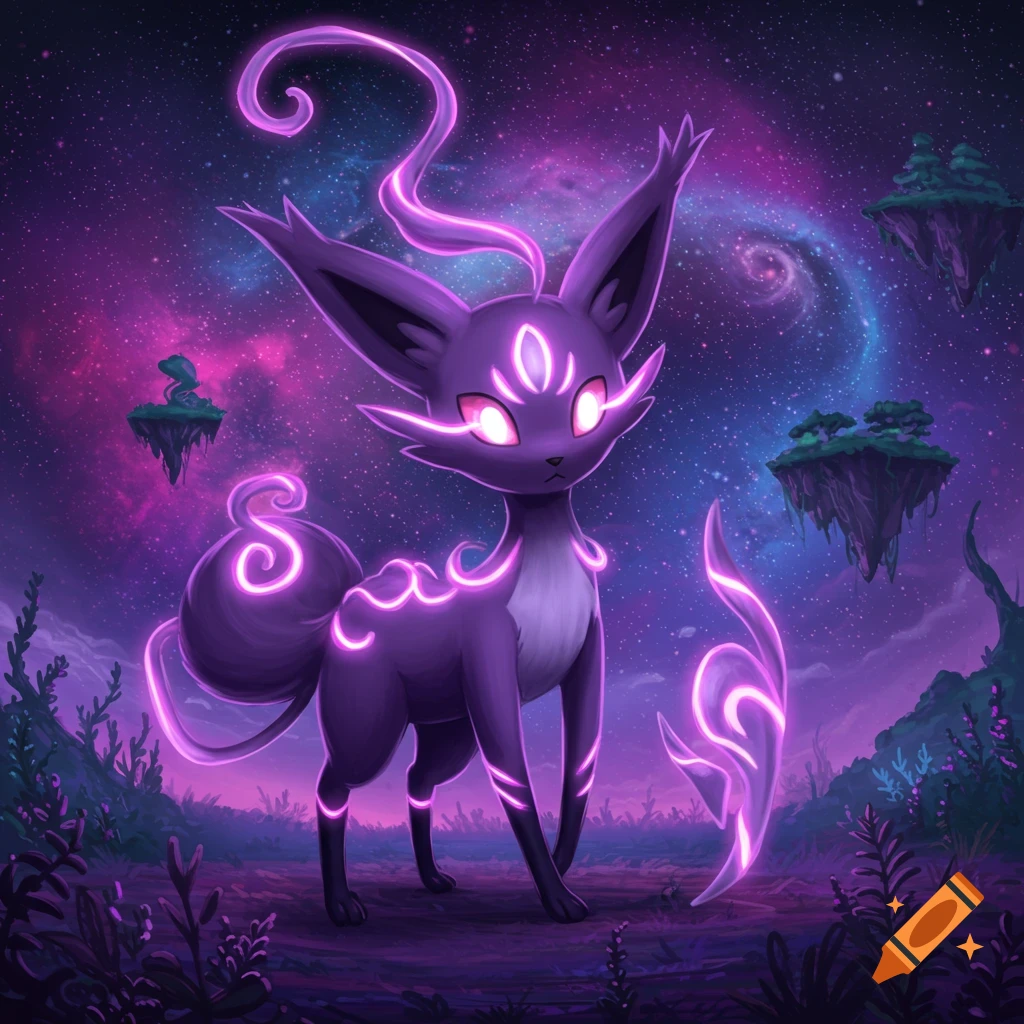 Purple fantasy creature with glowing markings in a space landscape with floating islands.