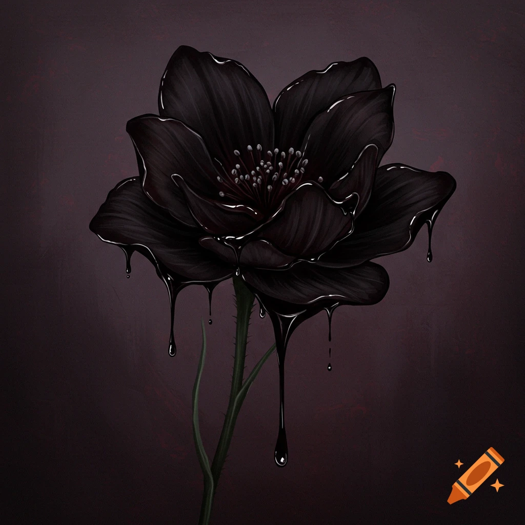 A black flower drips with black liquid on a dark background.