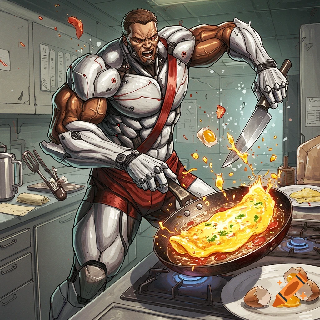 A muscular cyborg man flips a large omelet in a kitchen.