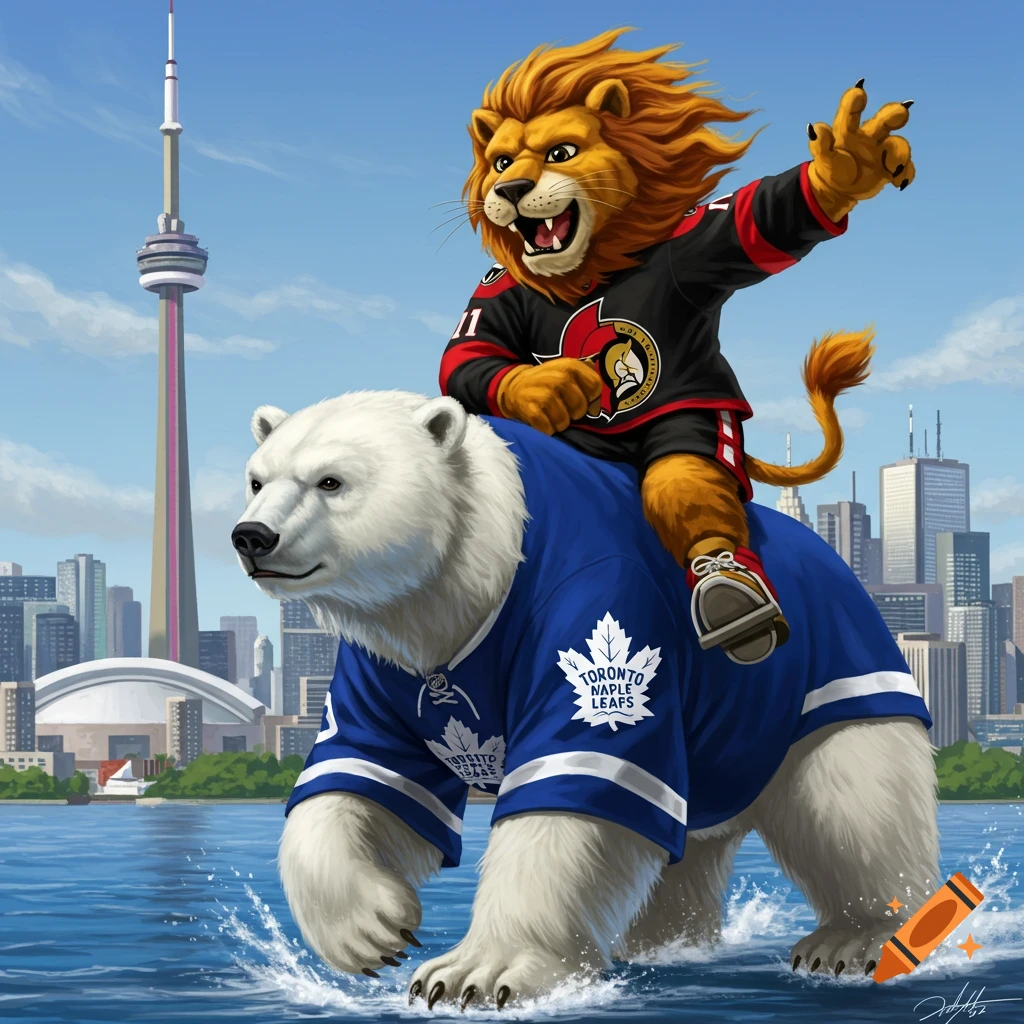 Cartoon lion mascot in a black and red hockey jersey riding a polar bear in a blue hockey jersey, with a city skyline and tower in the background.