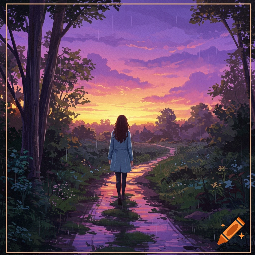 A person walks down a path through a forest during a rainy sunset.