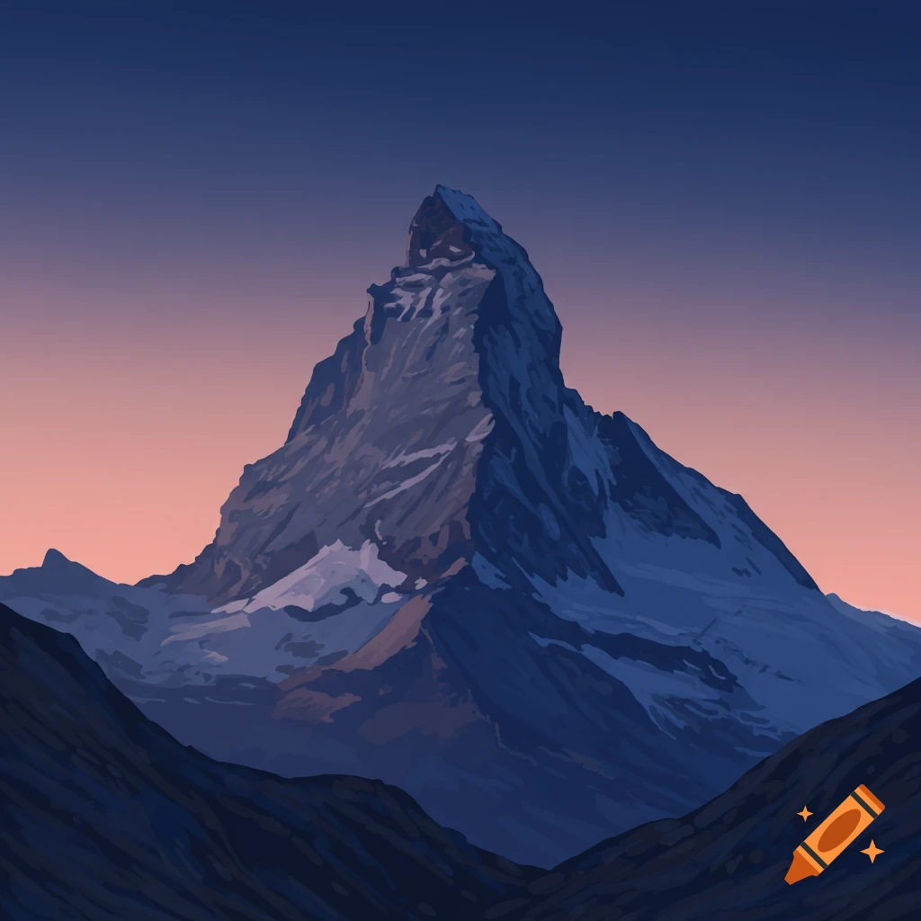 A snow-capped mountain at dusk with a gradient sky.