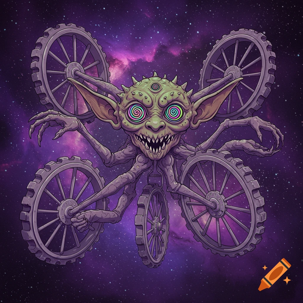Illustration of a creature with a goblin head, swirly eyes, starfish body, and wheels, in space.