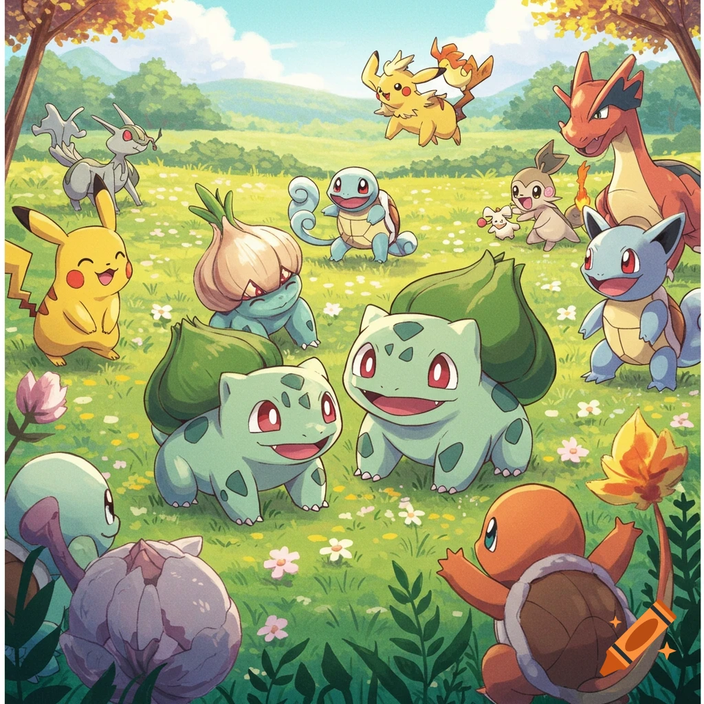 An illustration of various Pokemon characters including Bulbasaur, Pikachu, Charmander, and Squirtle in a grassy field.