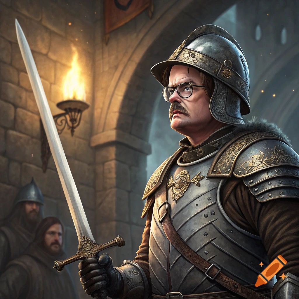 A man in medieval armor holds a large sword in a castle hallway. Two other figures stand behind him.